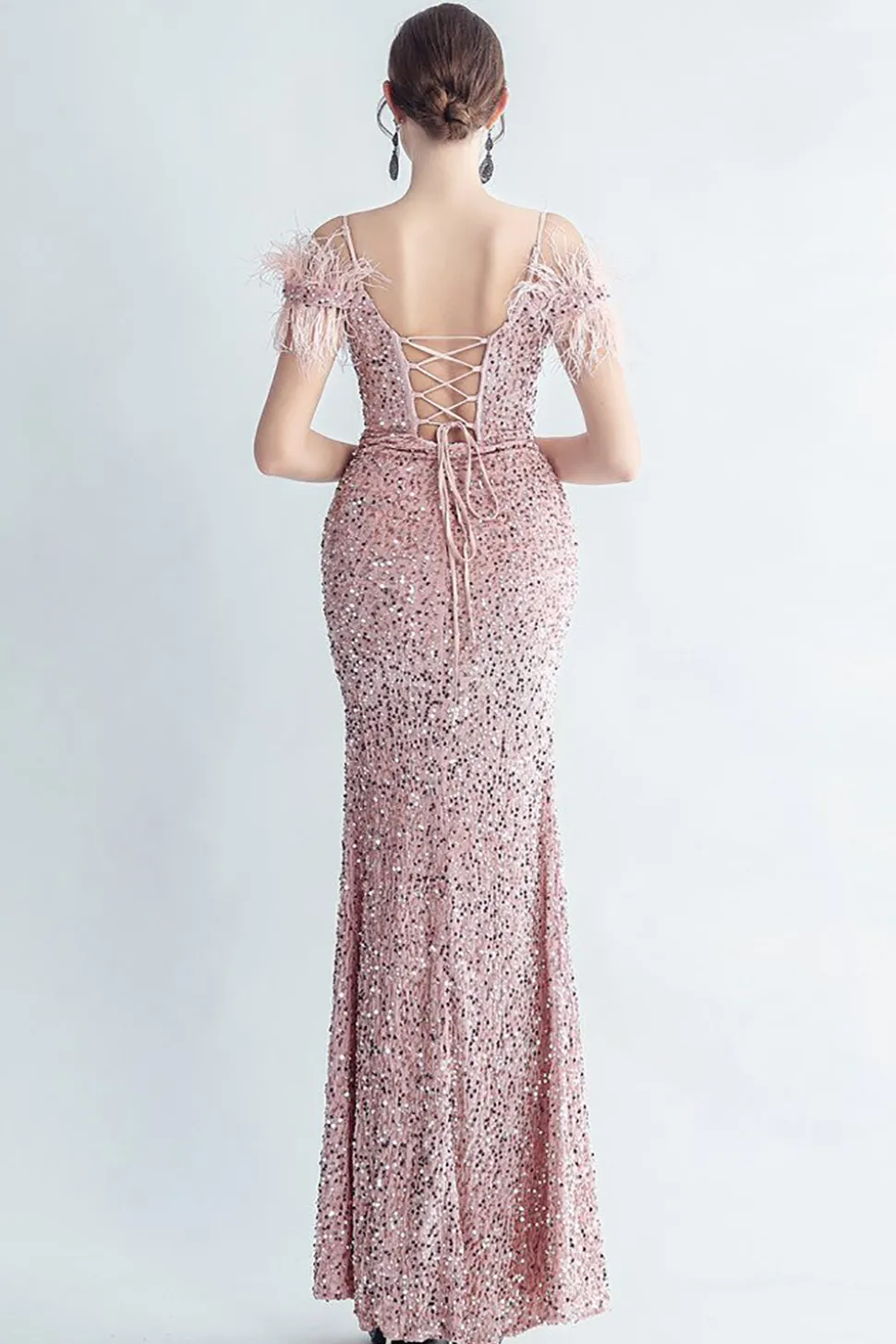 Ombro frio Sequins Blue Corset Prom Dress com penas