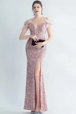 Ombro frio Sequins Blue Corset Prom Dress com penas