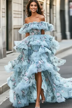 Organza babada floral azul fora do ombro assimétrico vestido de baile