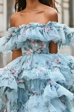 Organza babada floral azul fora do ombro assimétrico vestido de baile