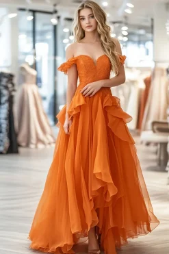 Organza Lace Orange Uma linha fora do ombro babado longo vestido de baile