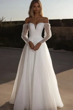 Organza Querida Marfim Uma Linha Vestido de Noiva com Mangas Longas