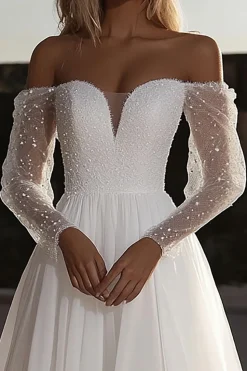 Organza Querida Marfim Uma Linha Vestido de Noiva com Mangas Longas