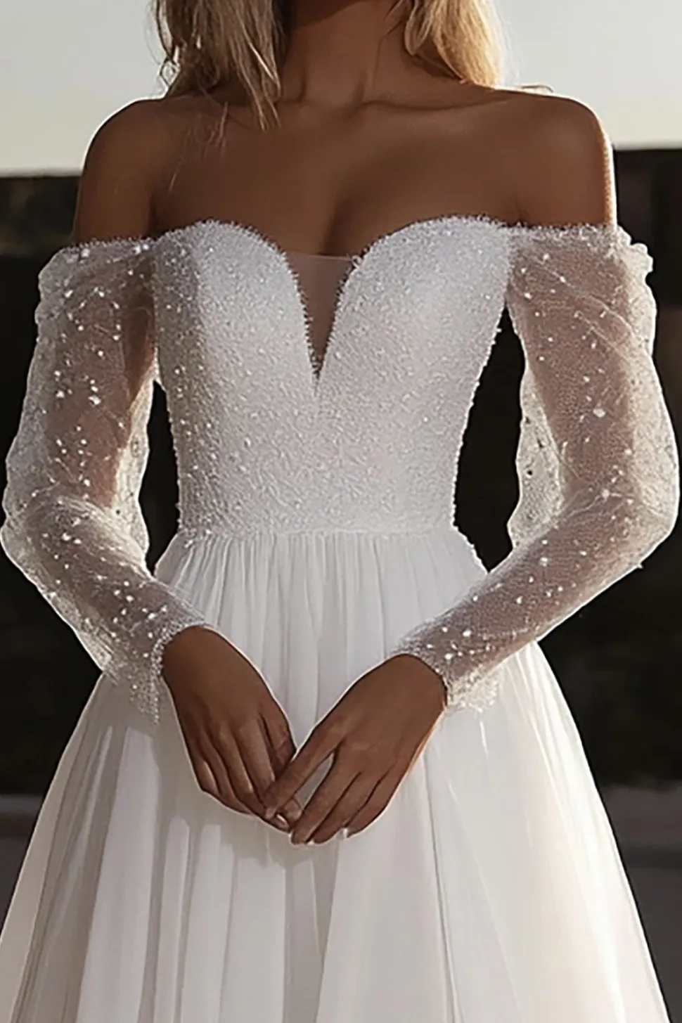 Organza Querida Marfim Uma Linha Vestido de Noiva com Mangas Longas