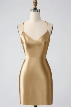 Ouro Bodycon Esparguete Correias Cetim Homecoing Vestido com Criss Cross Back