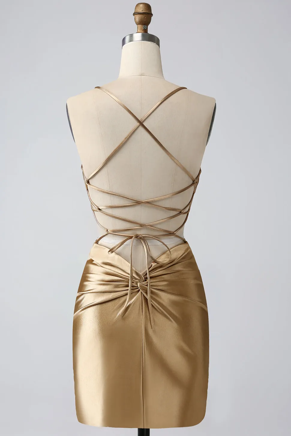 Ouro Bodycon Esparguete Correias Cetim Homecoing Vestido com Criss Cross Back