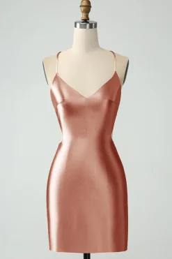 Ouro Bodycon Esparguete Correias Cetim Homecoing Vestido com Criss Cross Back