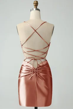 Ouro Bodycon Esparguete Correias Cetim Homecoing Vestido com Criss Cross Back