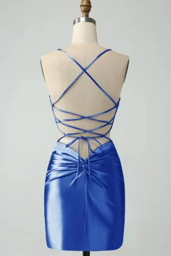 Ouro Bodycon Esparguete Correias Cetim Homecoing Vestido com Criss Cross Back