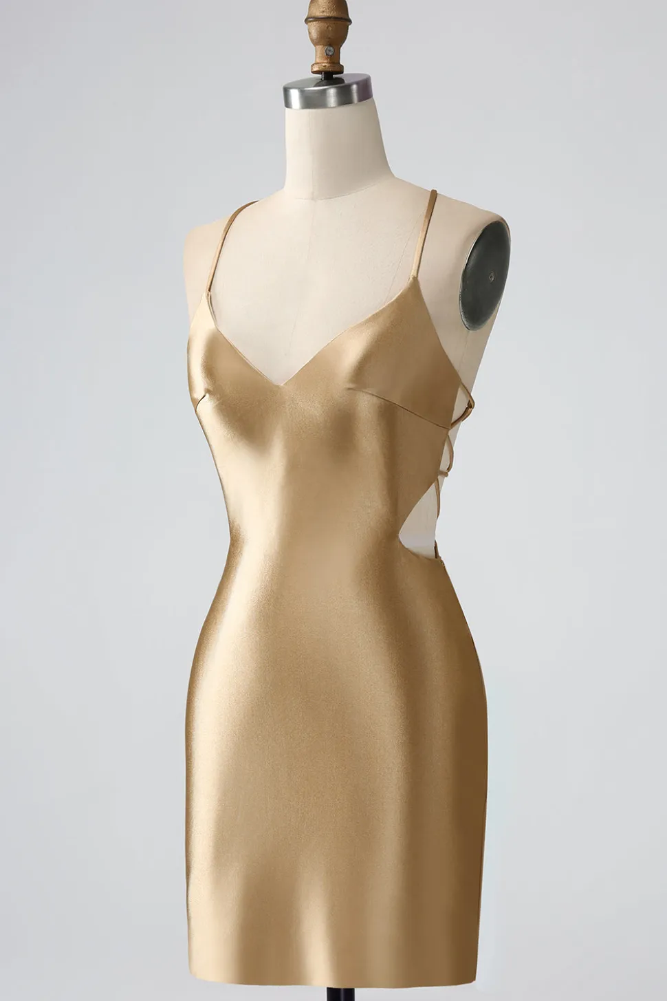 Ouro Bodycon Esparguete Correias Cetim Homecoing Vestido com Criss Cross Back