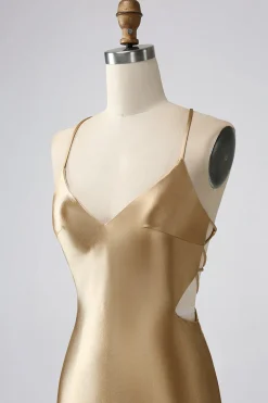Ouro Bodycon Esparguete Correias Cetim Homecoing Vestido com Criss Cross Back