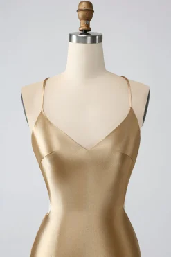 Ouro Bodycon Esparguete Correias Cetim Homecoing Vestido com Criss Cross Back