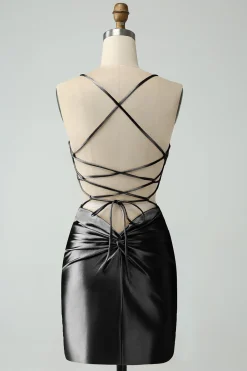 Ouro Bodycon Esparguete Correias Cetim Homecoing Vestido com Criss Cross Back
