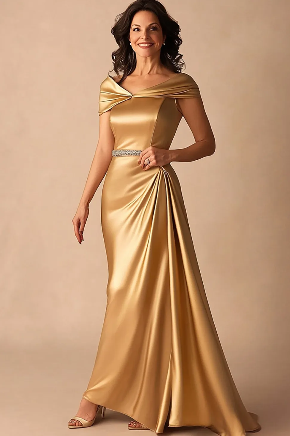 Ouro Fora do Ombro Cetim Longa Vestido Mae Noiva