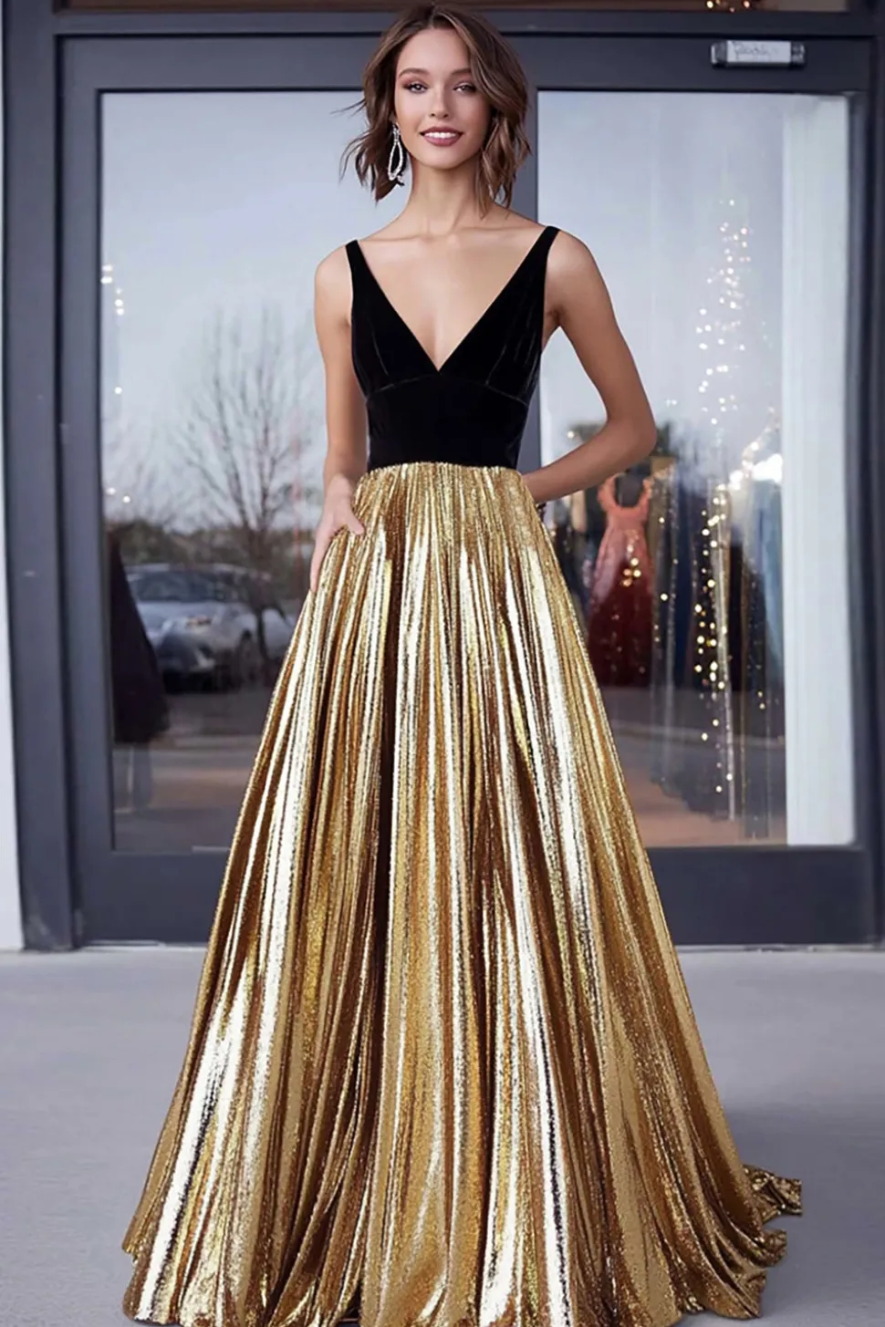 Ouro Metálico Cetim V-neck A-Line plissado vestido longo baile