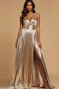 Ouro Metálico Linha-A Cabeçada Longo Vestido de Baile com Fenda