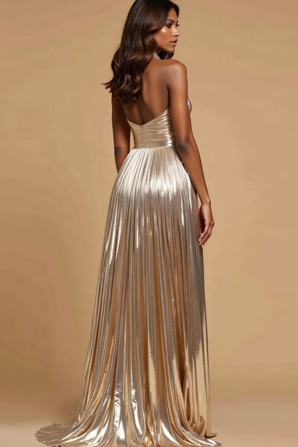 Ouro Metálico Linha-A Cabeçada Longo Vestido de Baile com Fenda
