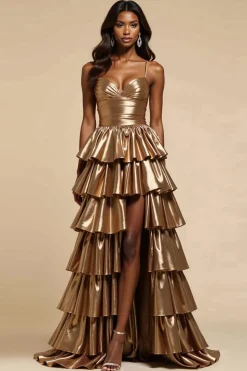 Ouro Metálico Linha-A Decote Em Coração Longo Vestido De Baile com Fenda