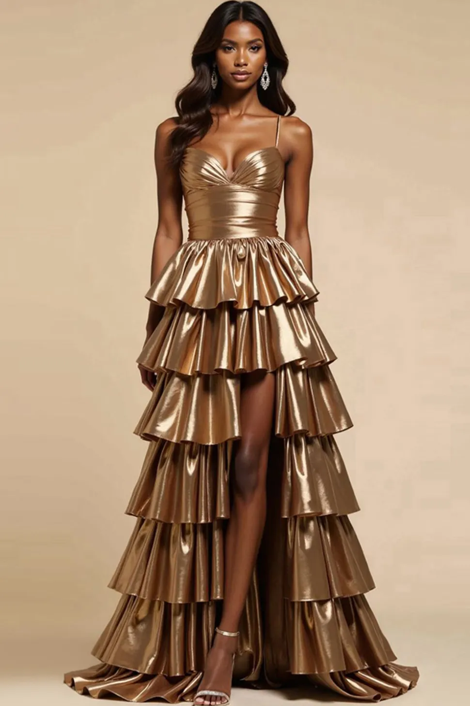 Ouro Metálico Linha-A Decote Em Coração Longo Vestido De Baile com Fenda