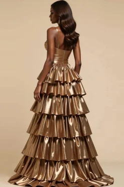 Ouro Metálico Linha-A Decote Em Coração Longo Vestido De Baile com Fenda