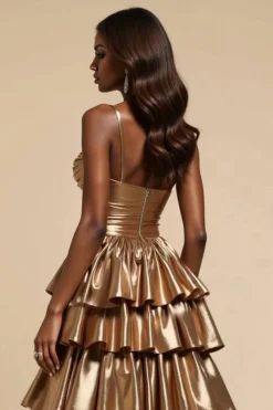 Ouro Metálico Linha-A Decote Em Coração Longo Vestido De Baile com Fenda
