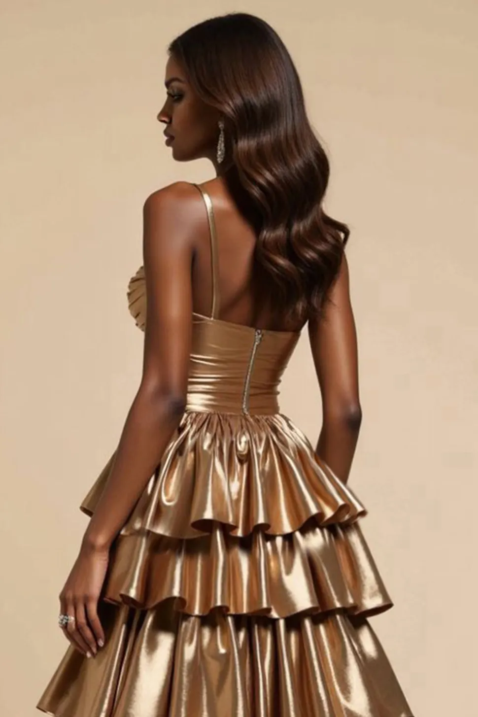 Ouro Metálico Linha-A Decote Em Coração Longo Vestido De Baile com Fenda