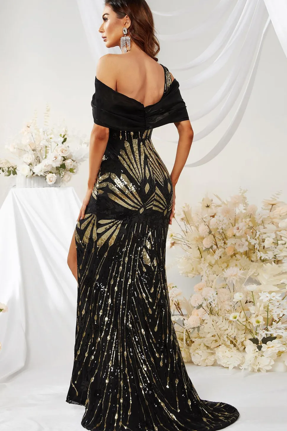 Ouro Preto Sereia Um Ombro Sequins Prom Dress com Fenda
