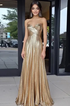 Ouro querido metálico A-Line plissado longo vestido de baile