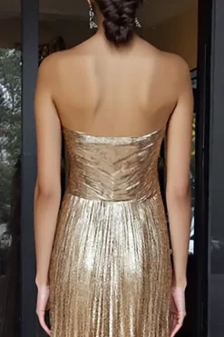 Ouro querido metálico A-Line plissado longo vestido de baile