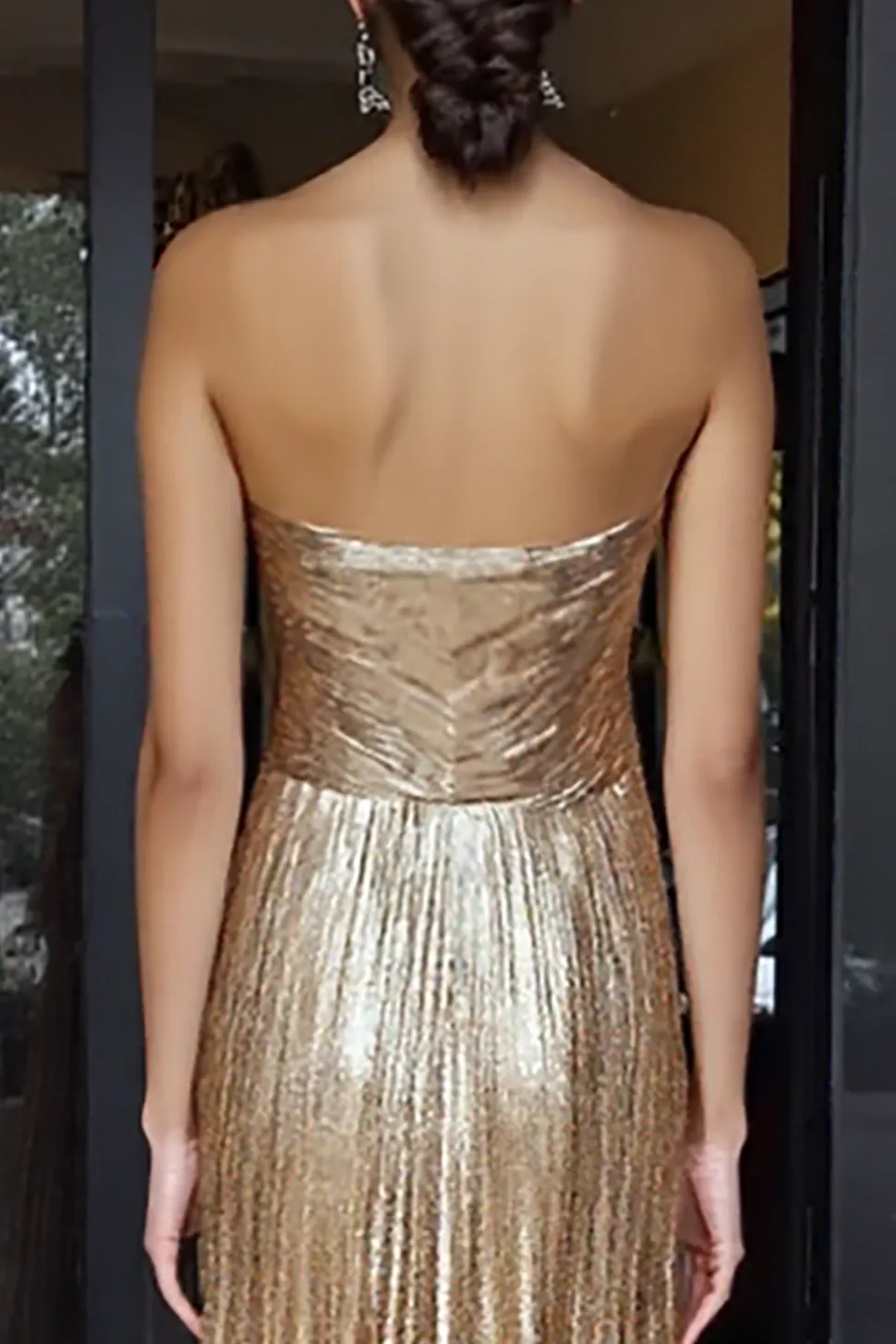Ouro querido metálico A-Line plissado longo vestido de baile