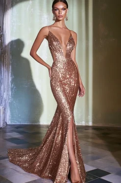 Ouro Rosa Sequins Sereia Deep V-Neck Vestido Formal