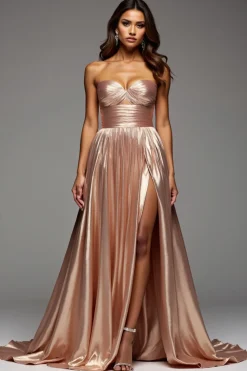 Ouro Rosa Uma Linha Strapless Cut out plissado metálico cetim Prom Dress