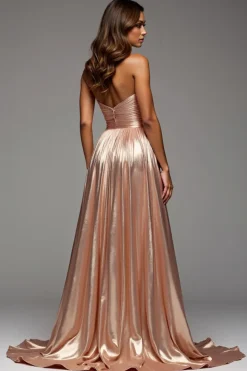 Ouro Rosa Uma Linha Strapless Cut out plissado metálico cetim Prom Dress