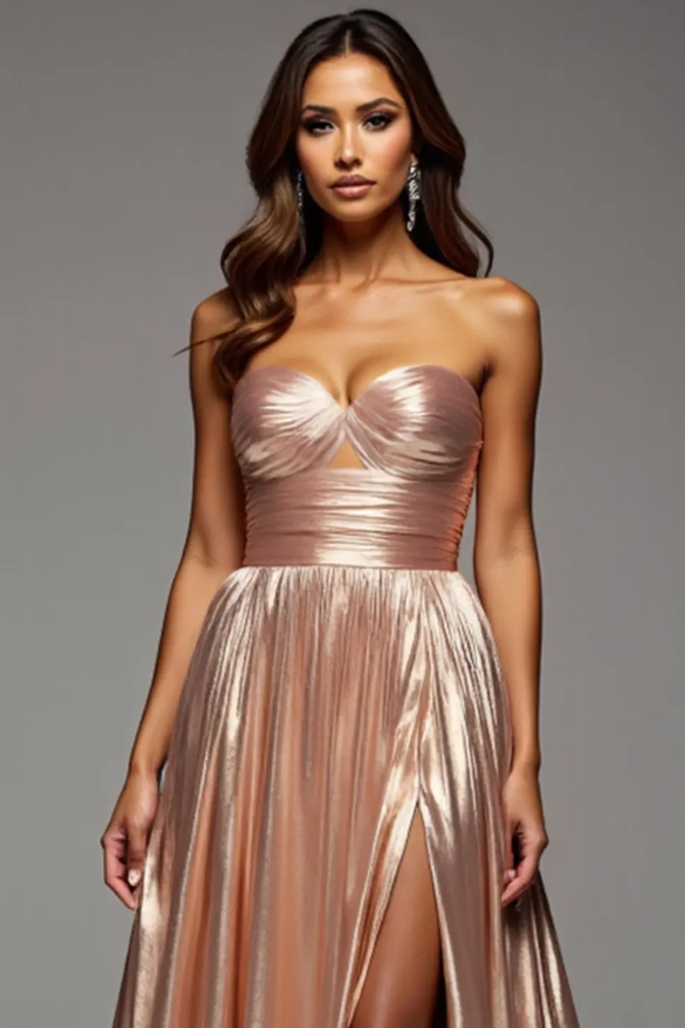 Ouro Rosa Uma Linha Strapless Cut out plissado metálico cetim Prom Dress