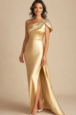 Ouro Um Ombro Bainha Cetim Longa Mãe Do Vestido Da Noiva com Fenda