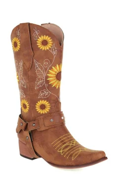Padrão de girassol marrom no dedo do pé pontiagudo Chunky Heel Cowgirl Botas