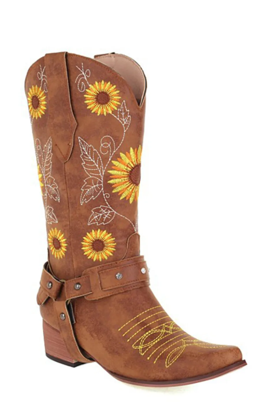 Padrão de girassol marrom no dedo do pé pontiagudo Chunky Heel Cowgirl Botas