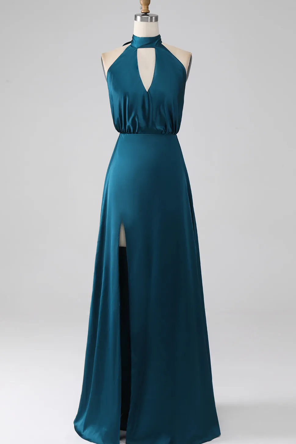 Pavão A-Line Halter Neck Vestido Longo Madrinha com Fenda