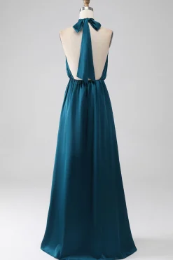 Pavão A-Line Halter Neck Vestido Longo Madrinha com Fenda