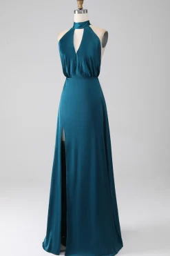 Pavão A-Line Halter Neck Vestido Longo Madrinha com Fenda