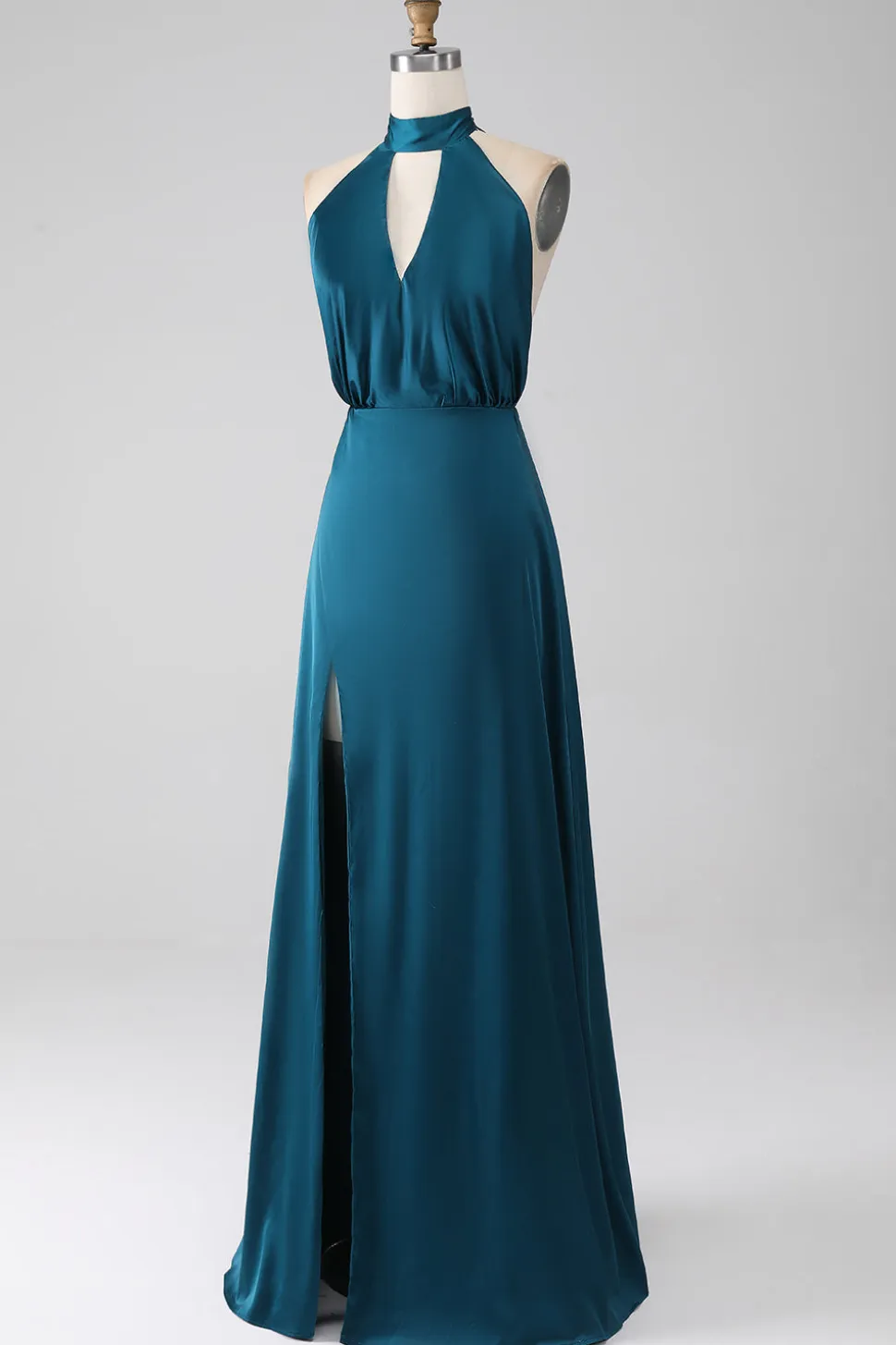 Pavão A-Line Halter Neck Vestido Longo Madrinha com Fenda