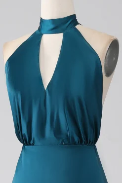 Pavão A-Line Halter Neck Vestido Longo Madrinha com Fenda