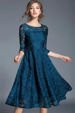 Pavão A-Line Pescoço Redondo Meias Mangas Midi Mãe do Vestido da Noiva