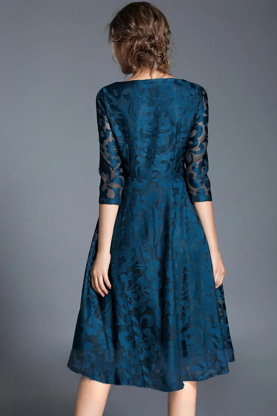 Pavão A-Line Pescoço Redondo Meias Mangas Midi Mãe do Vestido da Noiva