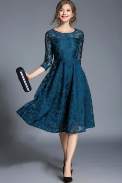 Pavão A-Line Pescoço Redondo Meias Mangas Midi Mãe do Vestido da Noiva