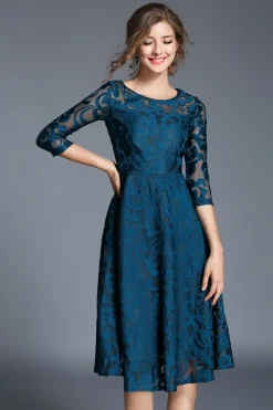 Pavão A-Line Pescoço Redondo Meias Mangas Midi Mãe do Vestido da Noiva