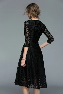 Pavão A-Line Pescoço Redondo Meias Mangas Midi Mãe do Vestido da Noiva