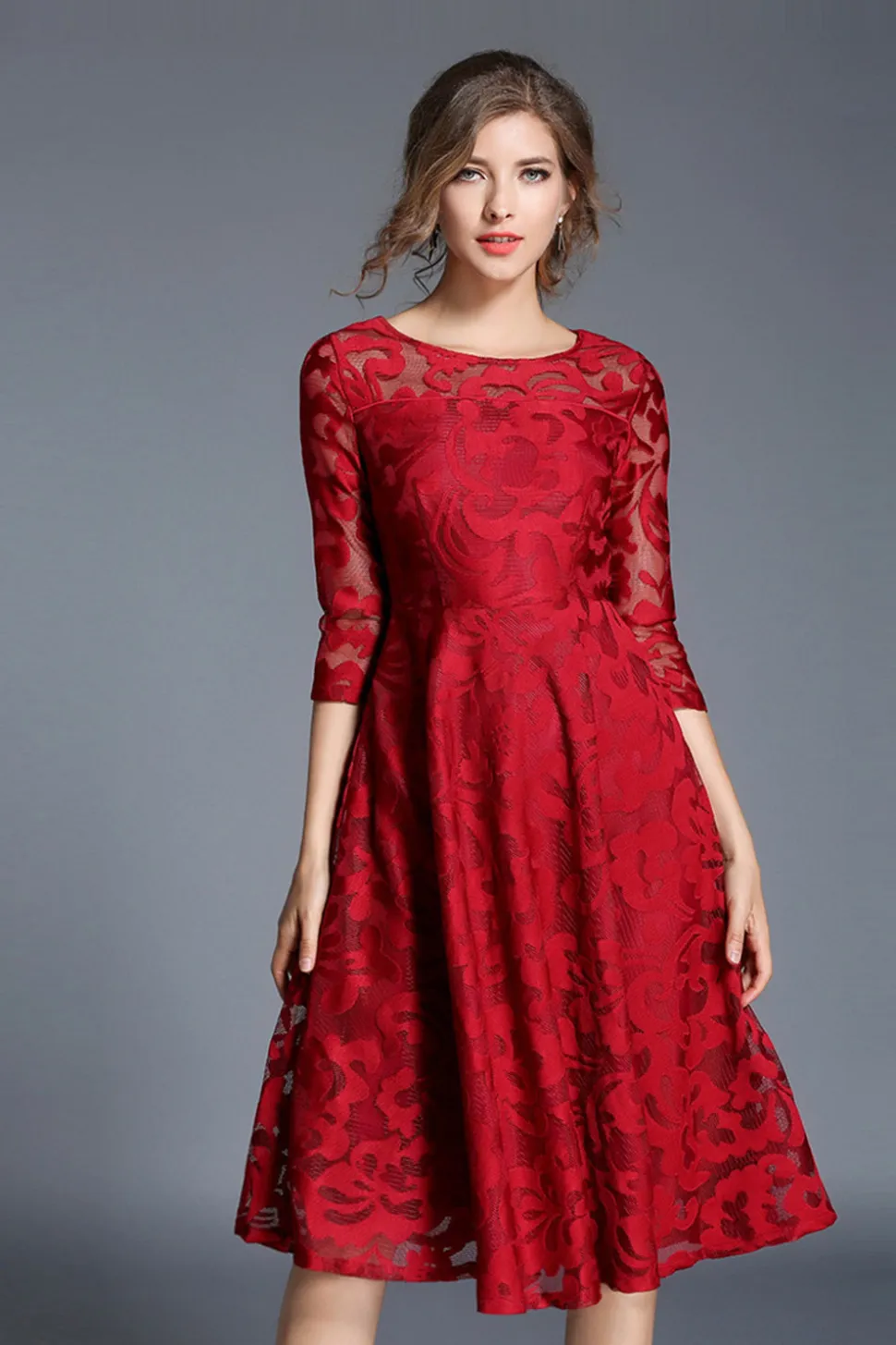 Pavão A-Line Pescoço Redondo Meias Mangas Midi Mãe do Vestido da Noiva