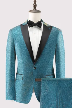 Pavão Azul 2 Peças Pico Lapela Um Botão Homens Prom Ternos