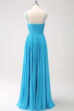 Pavão Azul A-Line Esparguete Correias Vestido Madrinha